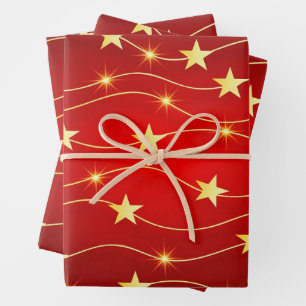 Abstract Golden Stars Christmas Red  Wrapping Paper Sheet