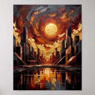 Abstract Golden Sun Stormy City Palette Knife Art Poster