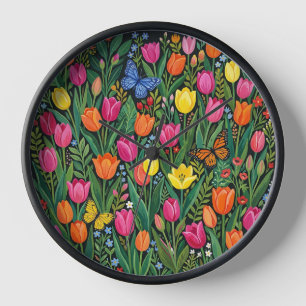 Abstract Gouache Tulips Butterflies Art Clocks
