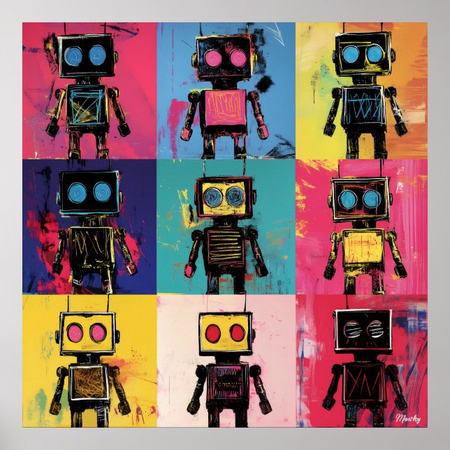 Abstract Graffiti Robot Art grid Bold Colours  Poster (Front)
