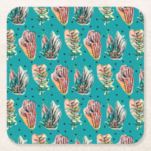 Abstract Graphic Cactus Succulent Pattern Square Paper Coaster