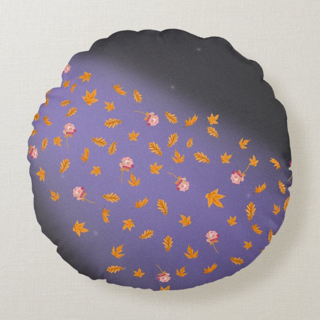 Abstract gray blue moonlight autumn leaves roses  round cushion (Front)