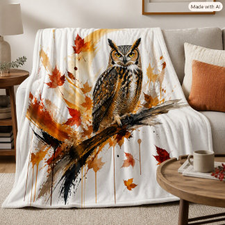 Abstract Great Horned Owl Autumn Leaves Decor Fleece Blanket