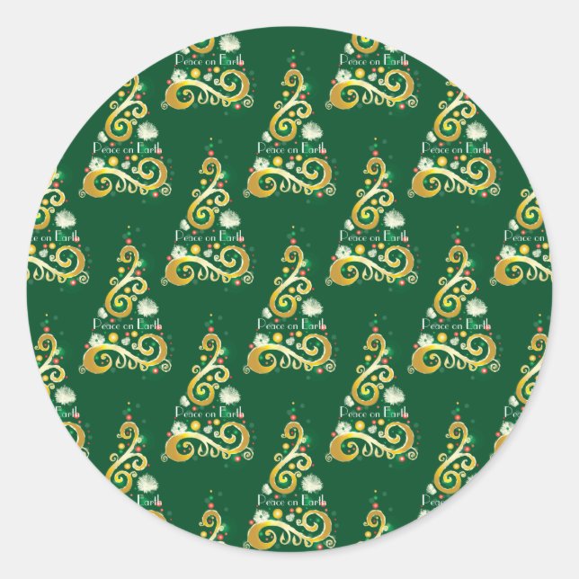 Abstract green and gold Christmas tree pattern Classic Round Sticker (Front)