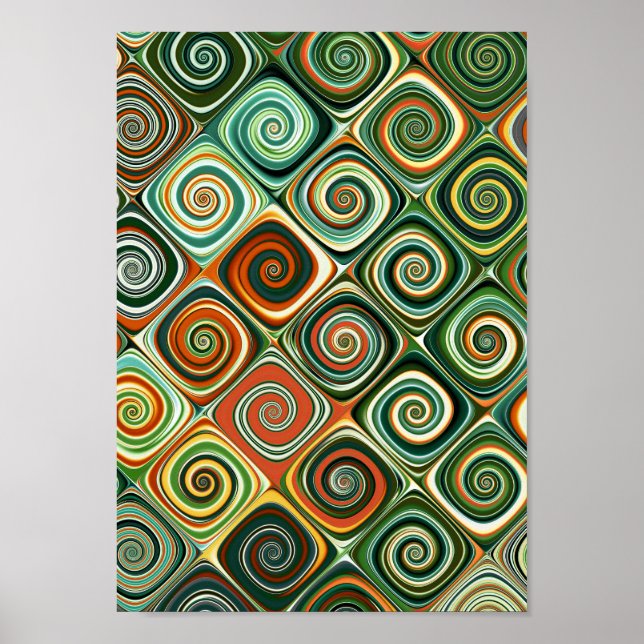 Abstract Green and Orange Geometric Spiral Checker Poster (Front)