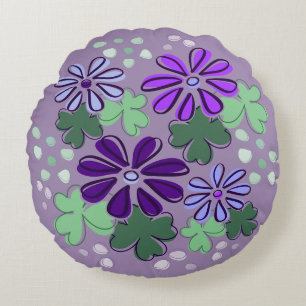 Abstract Green and Purple Clover & Flower Doodle Round Cushion