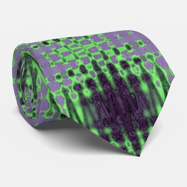 Abstract Green and Purple Wavy Atomic Clouds Tie (Rolled)