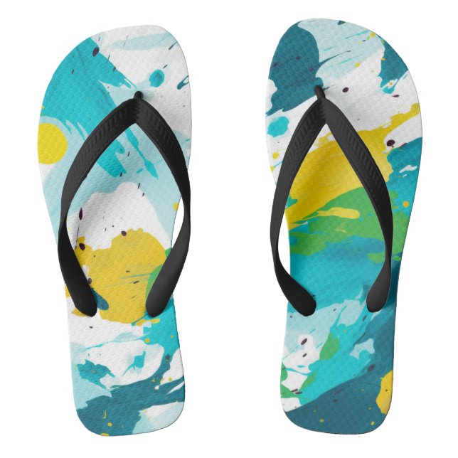 Abstract Green and Yellow Paint Splash Flip Flops (Footbed)