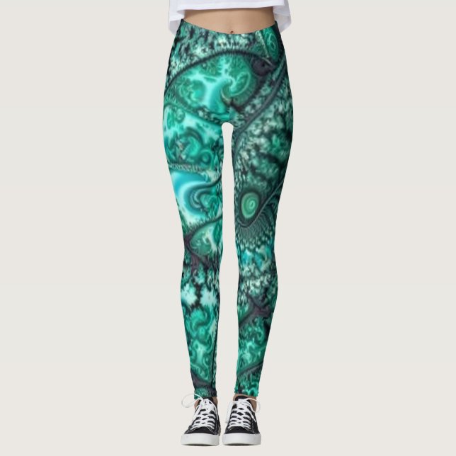 Abstract green black and white Leggings (Front)