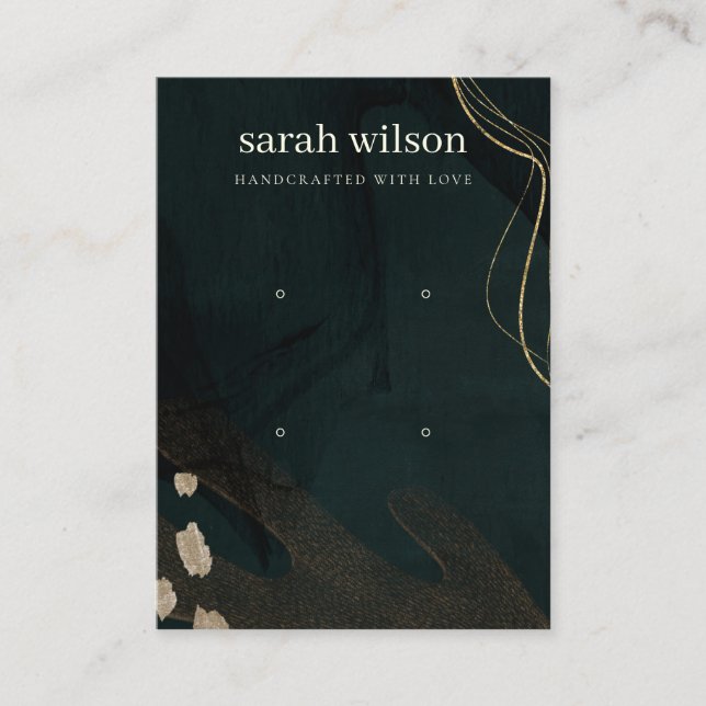 Abstract Green Black Gold 2 Stud Earring Display Business Card (Front)