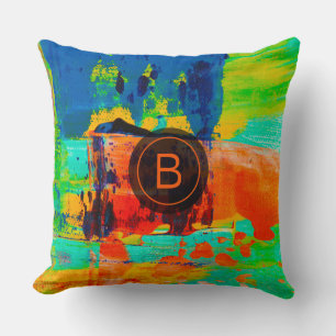 Abstract Green Blue Orange Brown Custom Monogram Cushion