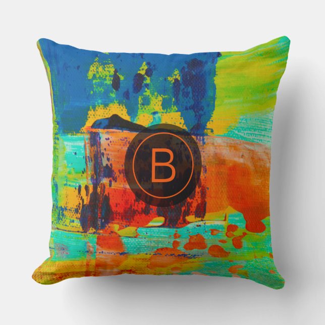 Abstract Green Blue Orange Brown Custom Monogram Cushion (Front)