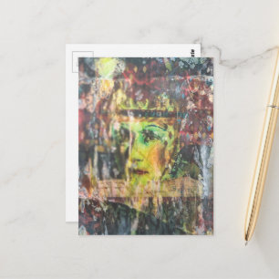 Abstract Green Face Mixed Media Collage Postcard