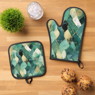 Abstract Green Gold Oven Mitt & Pot Holder Set