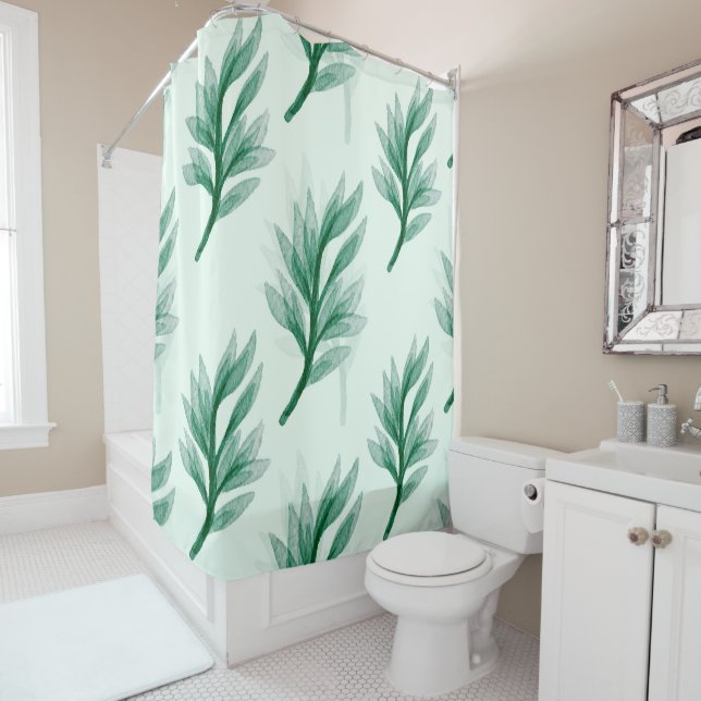 Abstract Green Leaf Pattern Shower Curtain (In Situ)