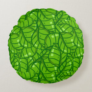 Abstract Green Leaf Pattern with Bright Illustrati Round Cushion