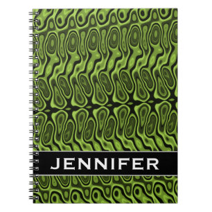 Abstract Green Liquid-Like Splotch Pattern + Name Spiral Notebook