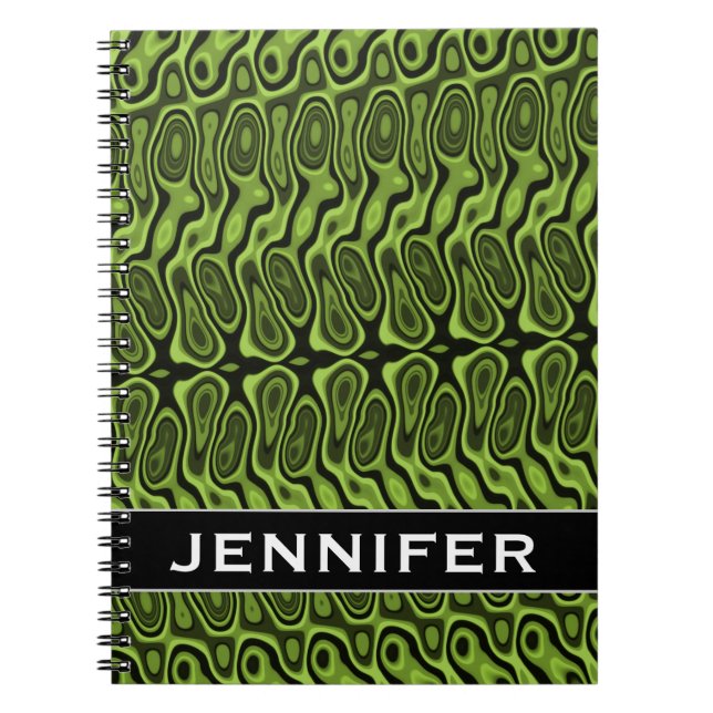 Abstract Green Liquid-Like Splotch Pattern + Name Spiral Notebook (Front)