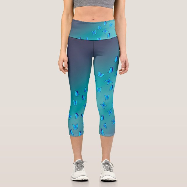 Abstract Green Moon and Butterflies Capri Leggings (Front)