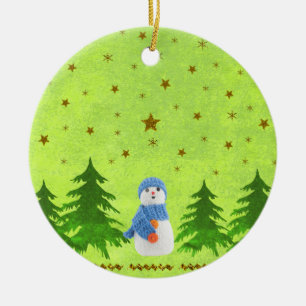 Abstract green paper Sparkly gold stars, snowman Ceramic Tree Decoration