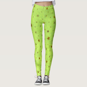 Abstract green paper with gold sparkly stars leggings