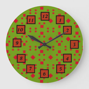 Abstract Green Red Pattern with Bits and Squares Large Clock