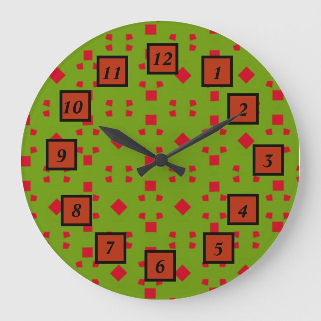 Abstract Green Red Pattern with Bits and Squares Large Clock (Front)