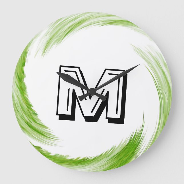 Abstract Green Swirl Monogram #2 Large Clock (Front)