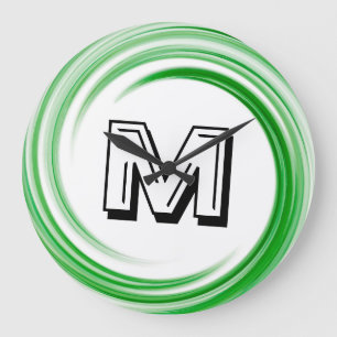 Abstract Green Swirl Monogram Large Clock