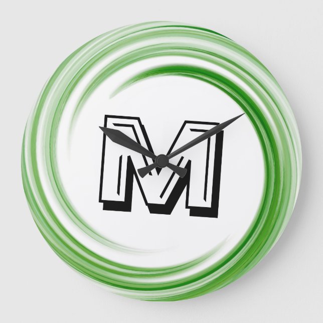 Abstract Green Swirl Monogram Large Clock (Front)