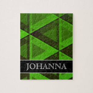 Abstract Green Triangles Pattern + Custom Name Jigsaw Puzzle
