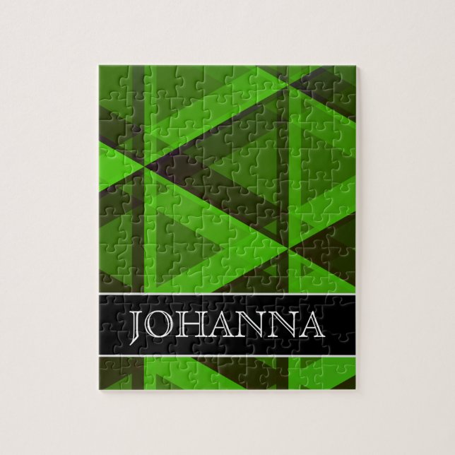 Abstract Green Triangles Pattern + Custom Name Jigsaw Puzzle (Vertical)