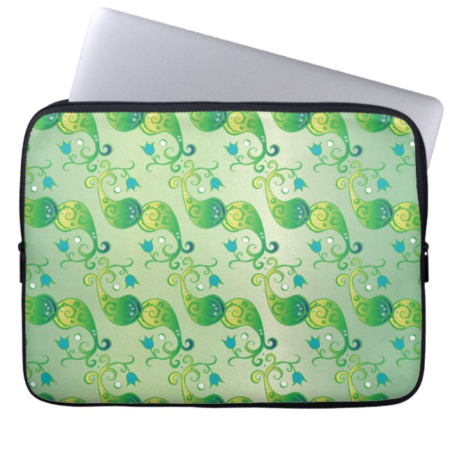 Abstract Green Tulip Boteh Floral Pattern Laptop Sleeve (Front)