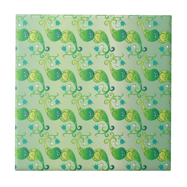 Abstract Green Tulip Boteh Floral Pattern Tile (Front)