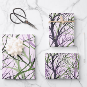 Abstract green violet tree branches wrapping paper sheet