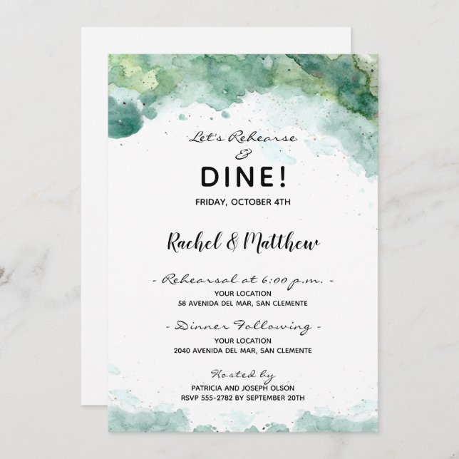 Abstract Green Watercolor Rehearsal Dinner Invitation (Front/Back)