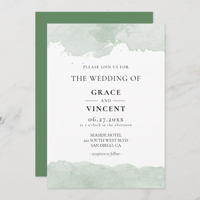 Abstract green watercolor wedding invitation (Front/Back)