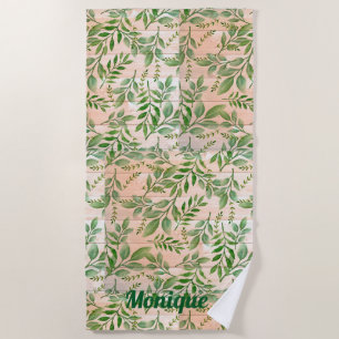 Abstract Greenery on Faux Wood Background  Beach Towel