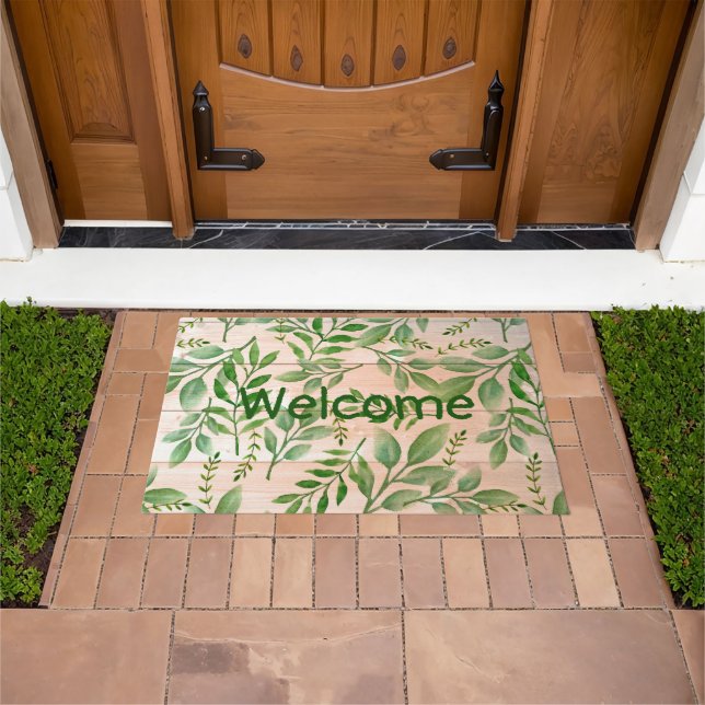 Abstract Greenery on Faux Wood Background Doormat (Outdoor)