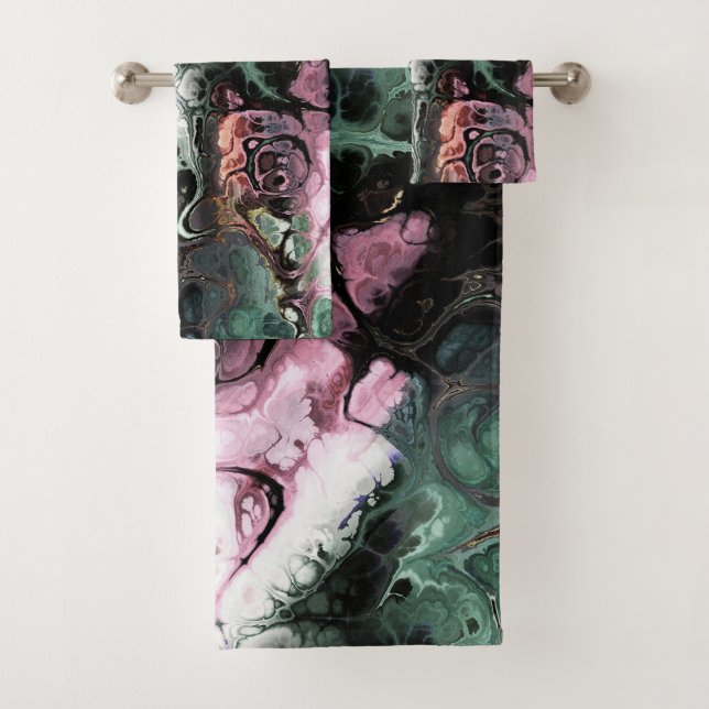 Abstract grey and pink marble tie dye pattern bath towel set (Insitu)