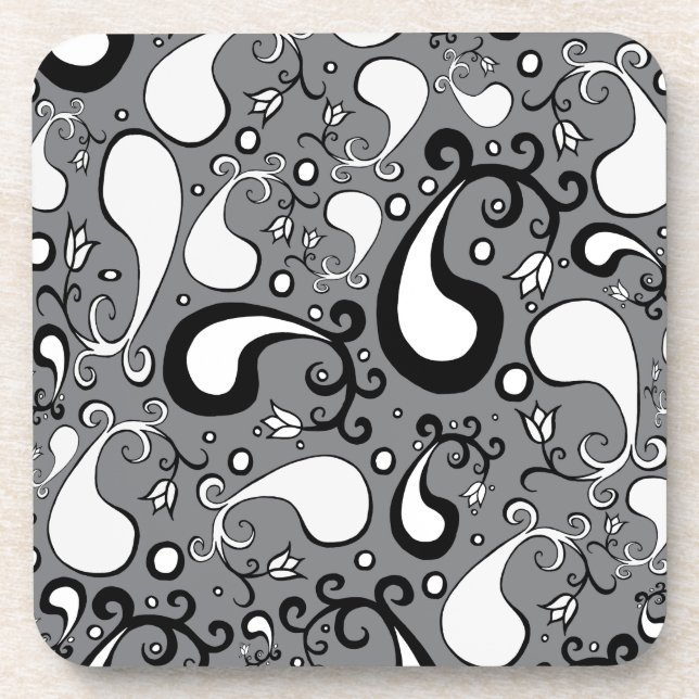 Abstract grey and white Tulip Paisley pattern Coaster (Front)