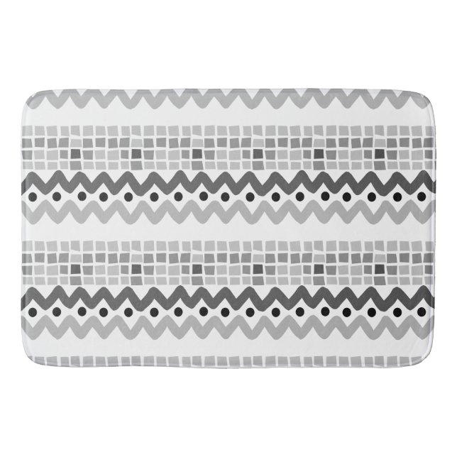 Abstract Grey Aztec Geometric Pattern Bath Mat (Front)