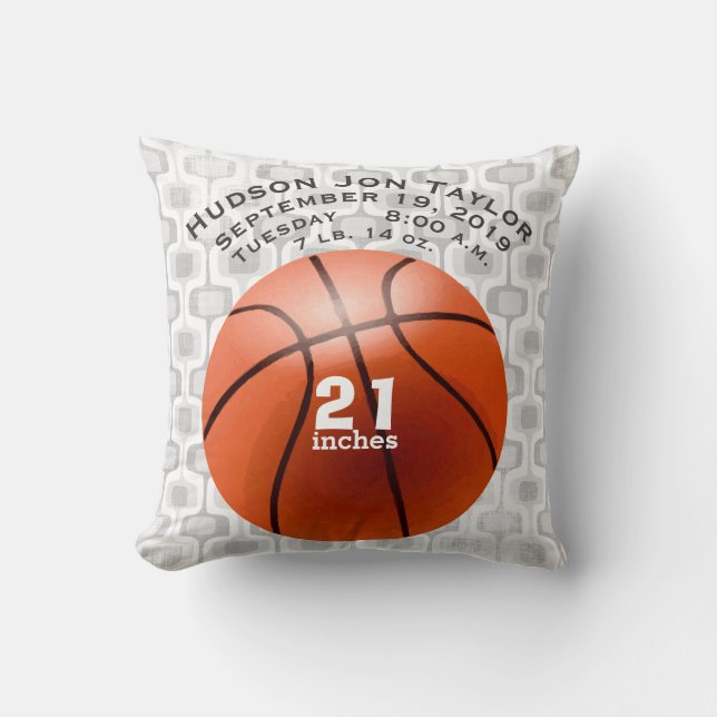 Abstract Grey Basketball Boys Birth Record Cushion (Front)