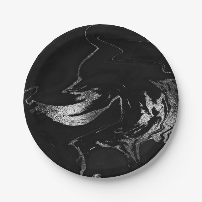 Abstract Grey Black Silver Marble Party Vip Paper Plate (Front)