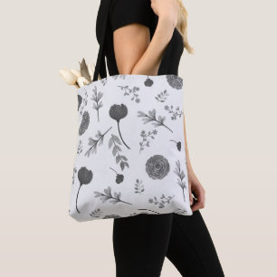 Abstract Grey Flowers & Leaves on White Background Tote Bag