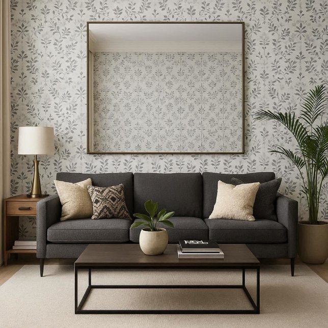 Abstract Grey Leaves on White  Wallpaper (Traditional living room with large mirror and gray leaf print wallpaper )