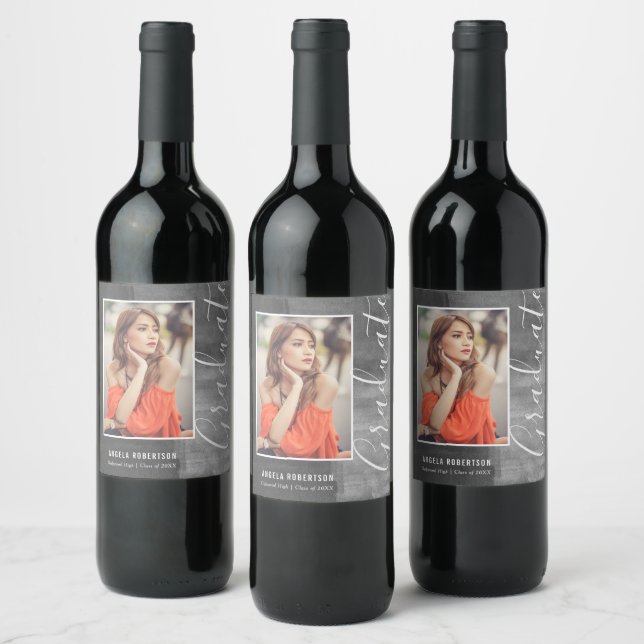 Abstract Grey Photo Graduation Wine Label (Bottles)