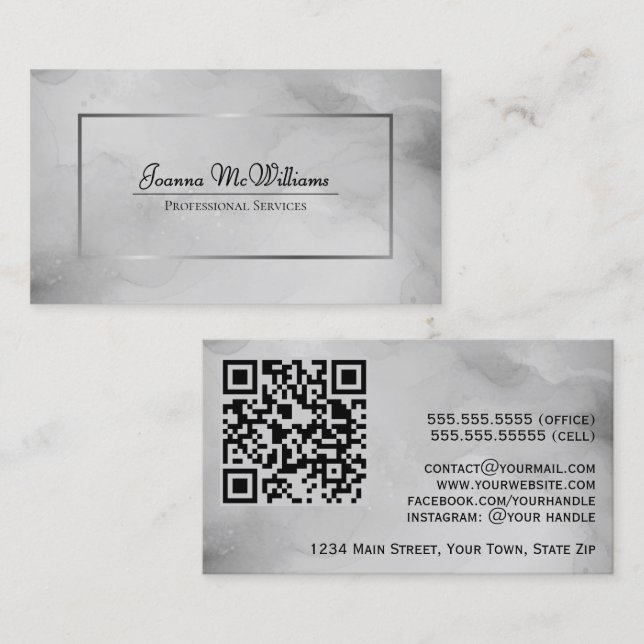 Abstract Grey Watercolor with Silver QR Code Business Card (Front/Back)