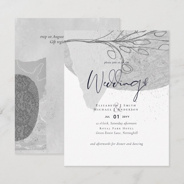 Abstract Grey White Wedding Invite Low Cost Budget (Front/Back)
