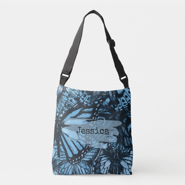 Abstract Grunge Blue Butterfly Art Personalised Crossbody Bag (Front)